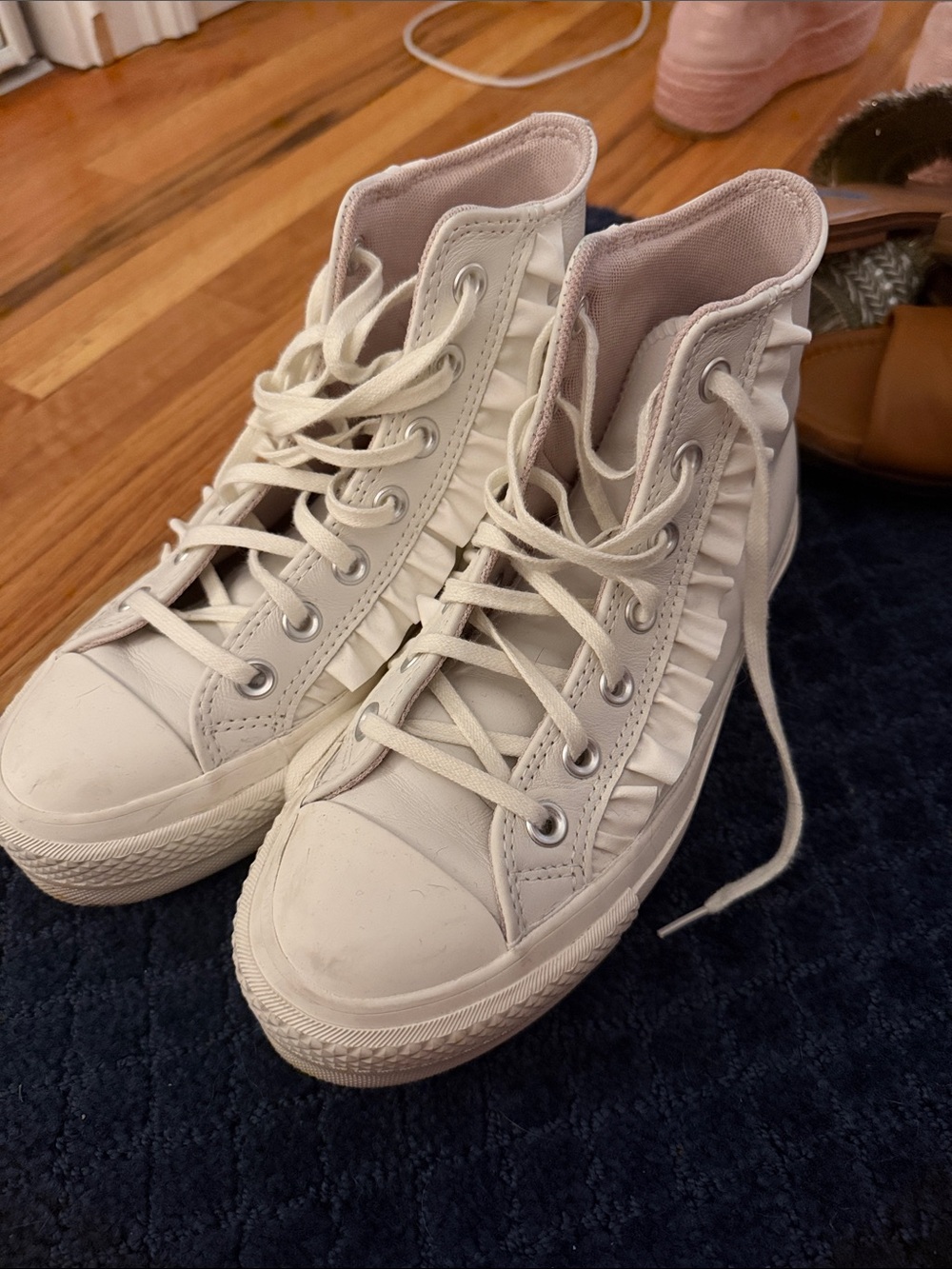 White High-Top Sneakers with Ruffle Trim